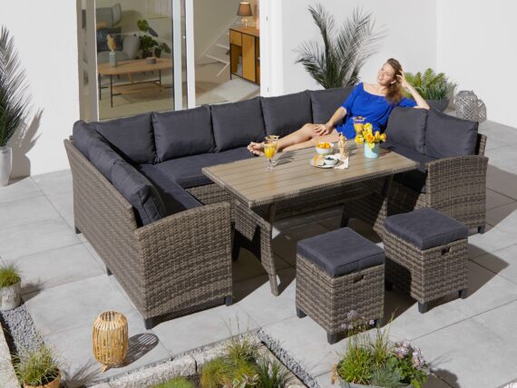 KONIFERA Gartenlounge-Set "Rotterdam", (Set, 20 tlg., 3x 3er Sofa, 2x Hocker, 1x Tisch 120x82x67cm, inkl. Auflagen), Polyrattan, Stahl, Tischplatte aus Nonwood