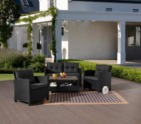 KONIFERA Gartenlounge-Set "St. Tropez", (Set, 11 tlg., 1x2er Sofa, 2x Sessel,1x Tisch 90x55x42,5cm, inkl. Auflagen), Polyrattan, Stahl, Ablage unter dem Tisch, Balkonset, Loungeset