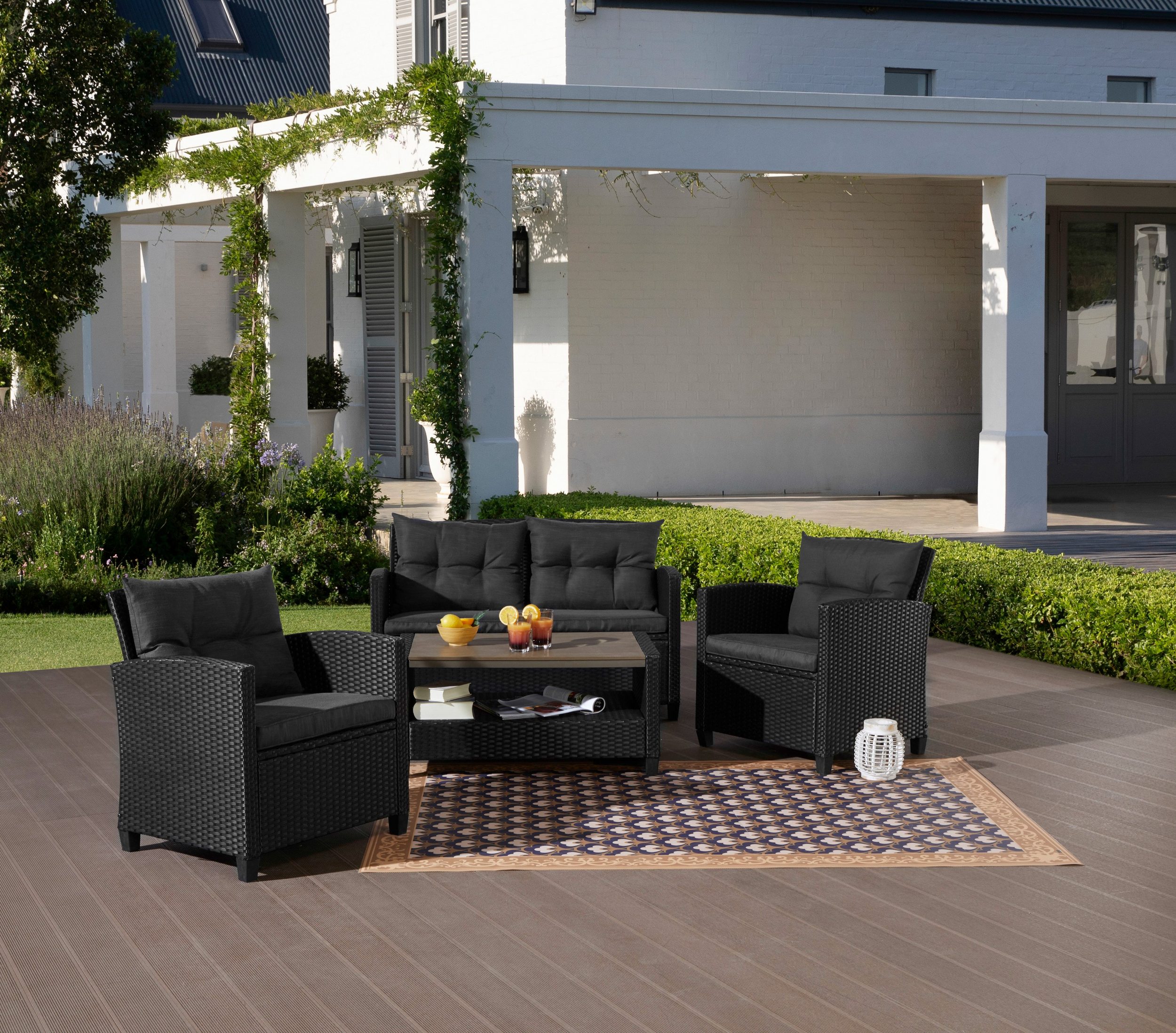 KONIFERA Gartenlounge-Set „St. Tropez“, (Set, 11 tlg., 1x2er Sofa, 2x Sessel,1x Tisch 90x55x42,5cm, inkl. Auflagen), Polyrattan, Stahl, Ablage unter dem Tisch, Balkonset, Loungeset