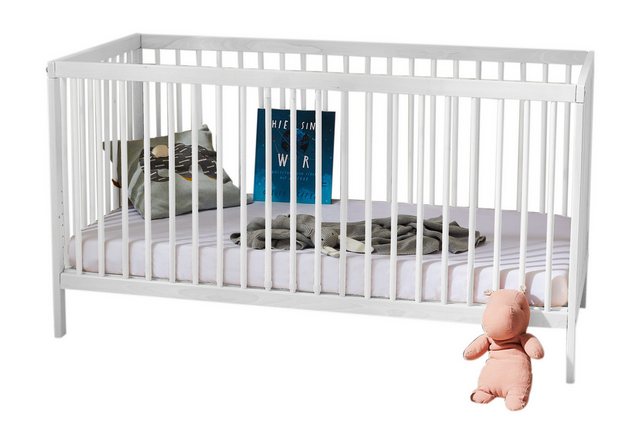 Kids Collective Babybett Gitterbett 60×120 70×140 cm höhenverstellbar herausnehmbare Sprossen, Buchenholz sehr stabil Made in Europe mit Matratze weiß 120×60