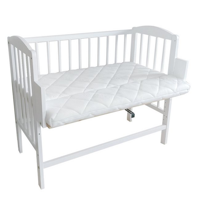 Kids Collective Beistellbett 90×40 cm mit Matratze, umbaubar zu 90×55 cm, 9 mal verstellbar, auch als Babywippe nutzbar, Kiefer-Vollholz in weiß