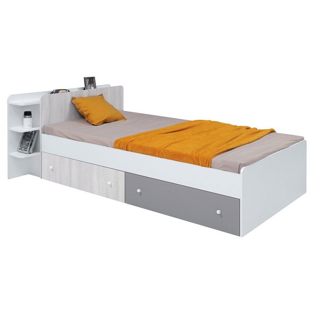 Lomadox Bett COLLINS-133, 90×200, 2 Bettschubladen auf Rollen, Regal, weiß, grau