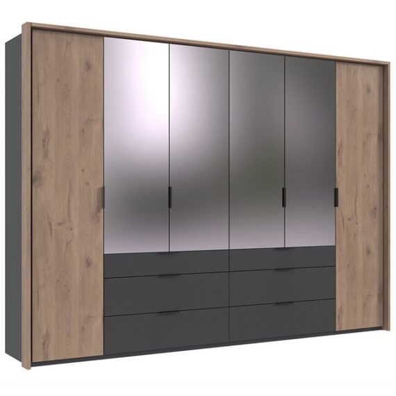 Lomadox Kleiderschrank BIELLA-43 Schlafzimmerschrank inkl. Spiegel 304 cm breit modern grau und Eiche