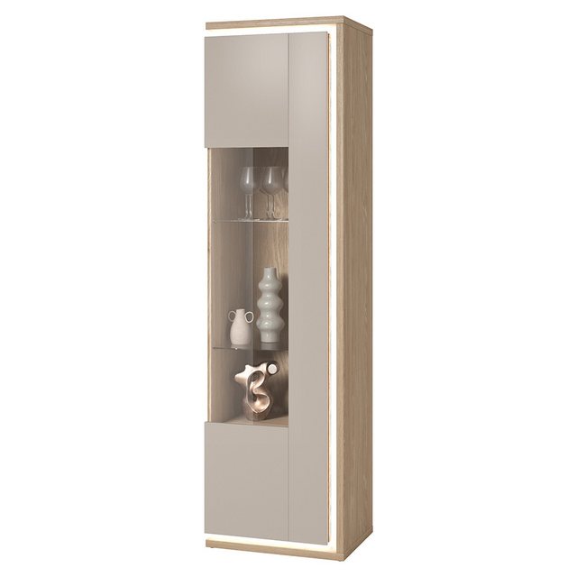 Lomadox Vitrine DRACHTEN-83 Vitrinenschrank Eiche kaschmir Modern 201cm hoch