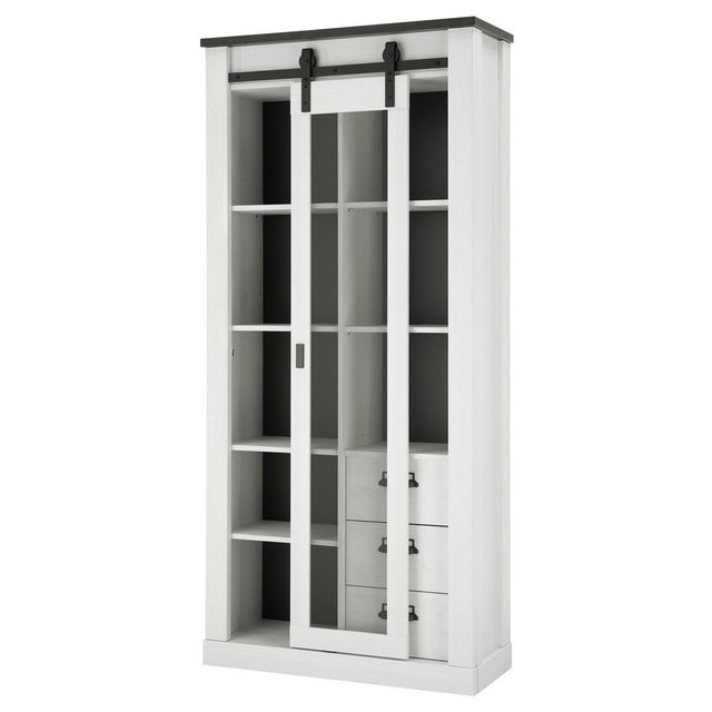 Lomadox Vitrine SHELTON-61 Vitrinenschrank Pinie weiß Nb. mit anthrazit, B/H/T: ca. 93/201/38 cm