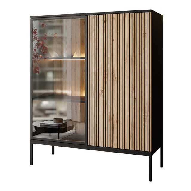 Lookway Hochschrank ECLIPSE WT104 niedrige Vitrine mit Beleuchtung Eiche schwarz wotan Breite : 104 cm