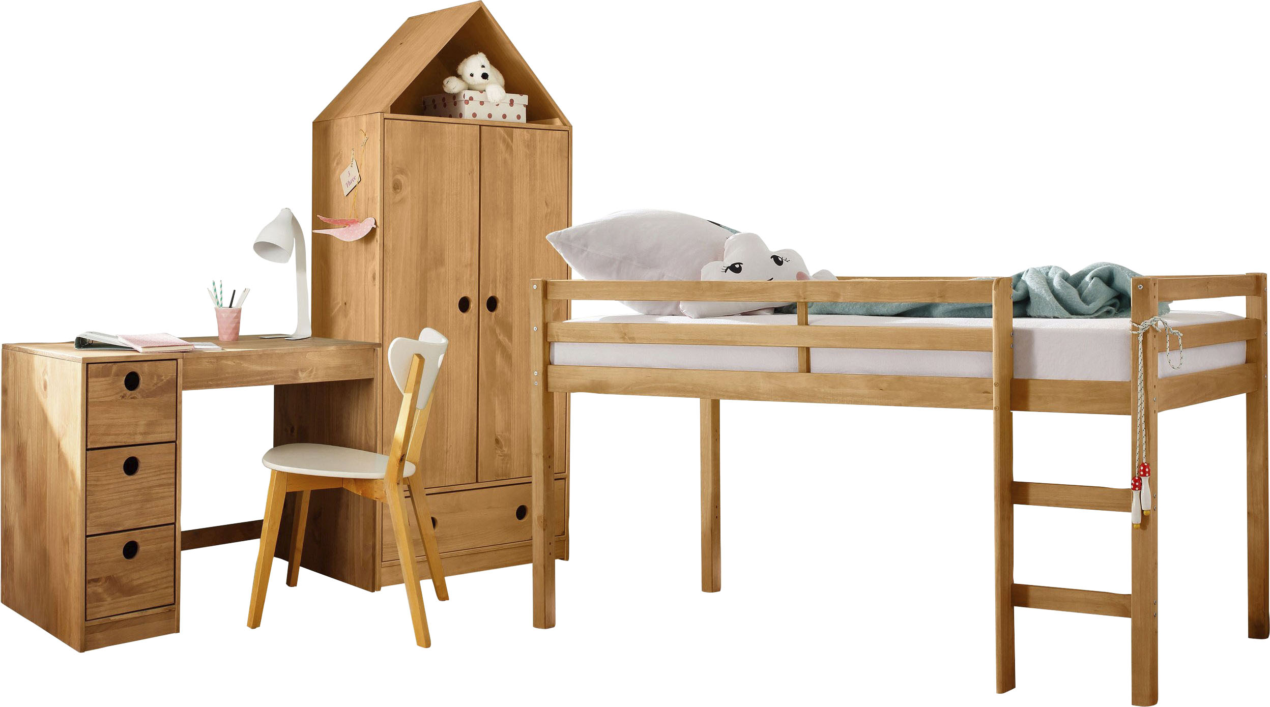 Lüttenhütt Jugendzimmer-Set „Alpi“, (Spar-Set, 3 tlg.), Hochbett, Schreibtisch und Kleiderschrank in Hausoptik, platzsparend