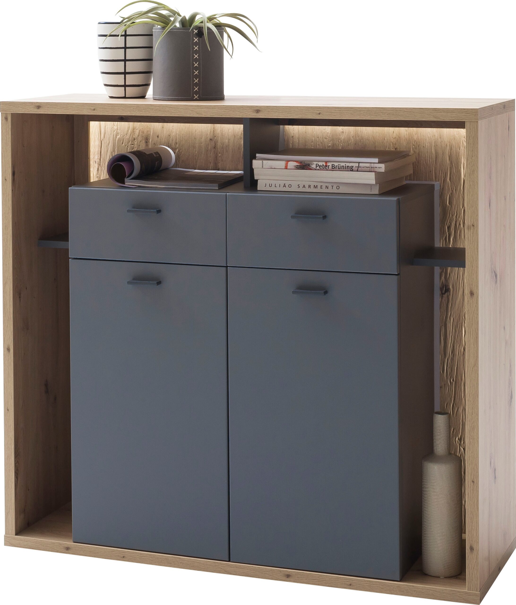 MCA furniture Highboard „Lizzano“, Wohnzimmerschrank mit 3-D Rückwand, wahlweise mit Beleuchtung