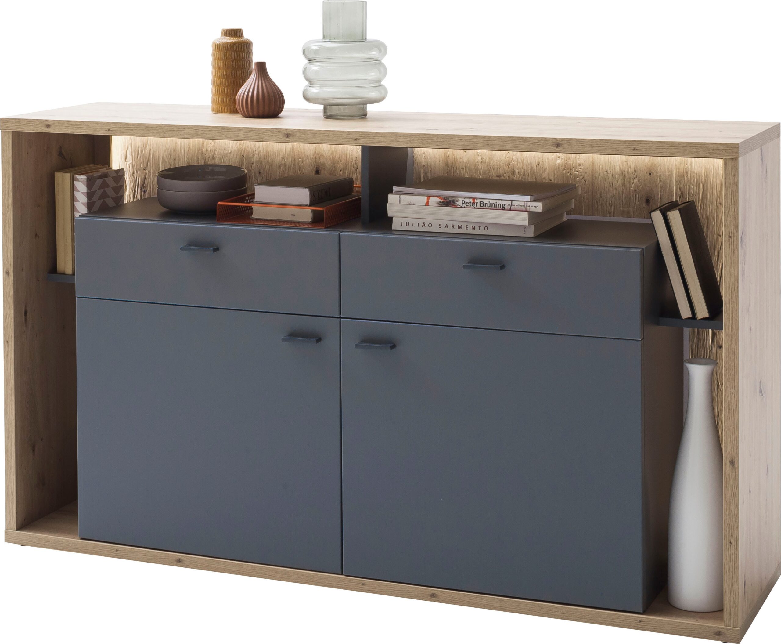 MCA furniture Sideboard „Lizzano“, Wohnzimmerschrank mit 3-D Rückwand, wahlweise mit Beleuchtung