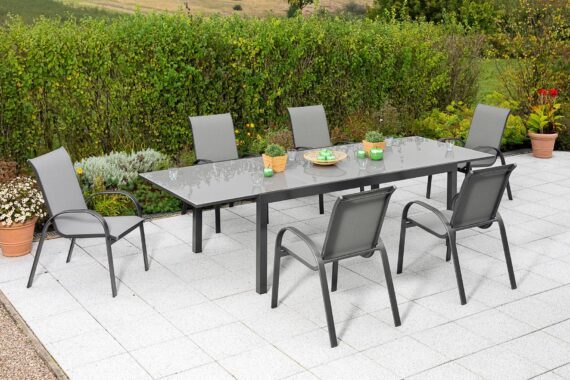 MERXX Garten-Essgruppe "Amalfi", (Set, 7 tlg.), 6 Stapelsessel, Ausziehtisch 110x 200-300 cm