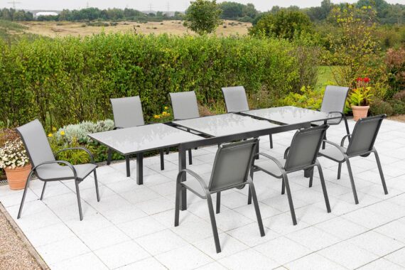 MERXX Garten-Essgruppe "Amalfi", (Set, 9 tlg.), 8 Stapelsessel, Ausziehtisch