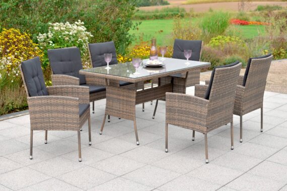 MERXX Garten-Essgruppe "Menorca", (Set, 19 tlg.), 6 Sessel, 6 Sitzkissen, 6 Rückenkissen, Tisch