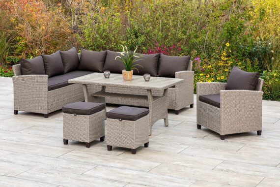 MERXX Garten-Essgruppe "Palma", (5 tlg., 1x Eckbank, 2x Sessel, 2x Hocker, 1x Tisch 144x67cm, mit Kissen), pulverbeschichteter Stahl, Polyrattan