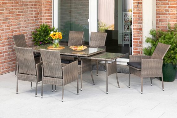 MERXX Garten-Essgruppe "Sevilla", (7 tlg.), 6 Sessel mit SItzkissen, ausziehbarer Tisch, steinbeige