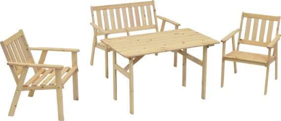 MERXX Garten-Essgruppe "Sylt", (4 tlg., 2x Sessel, 1x Bank, 1x Tisch), Kiefernholz