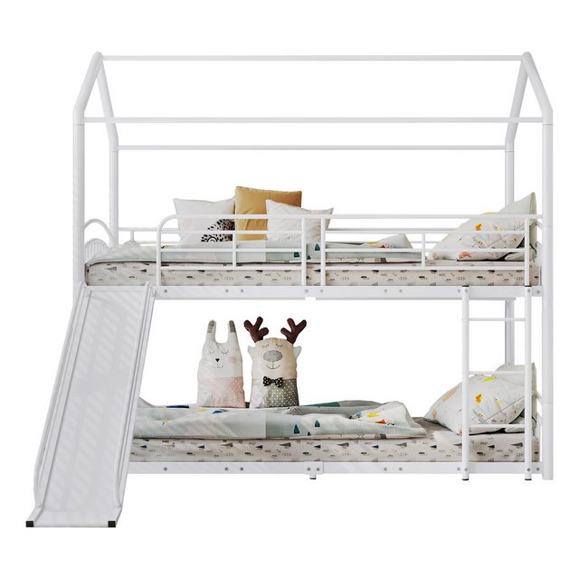 MODFU Bett Kinderbett Einzelbett Gästebett Jugendbett (mit Treppe mit rechtwinkliger Leiter, Hausbett mit Rutsche, mit Fallschutz und Gitter, Metallrahmen 90x200cm), ohne Matratze