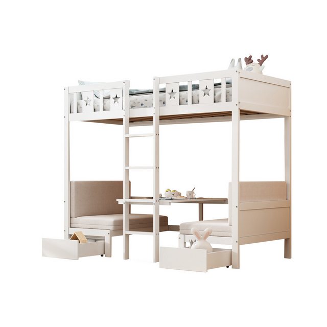 MODFU Etagenbett Kinderbett Einzelbett Gästebett Hochbett (Bett/Schreibtisch 2 in 1, selbst gepolstert, mit zwei großen Schubladen, Bettgestell mit Leiter, Holzbett 90×200 cm), ohne Matratze