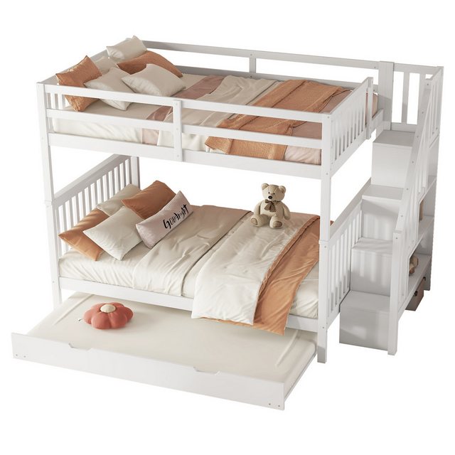 MODFU Etagenbett Kinderbett Stauraumbett Gästebett (Treppenregal, ausgestattet mit ausziehbares Rollbett, hohe Geländer, 140*200cm), ohne Matratze