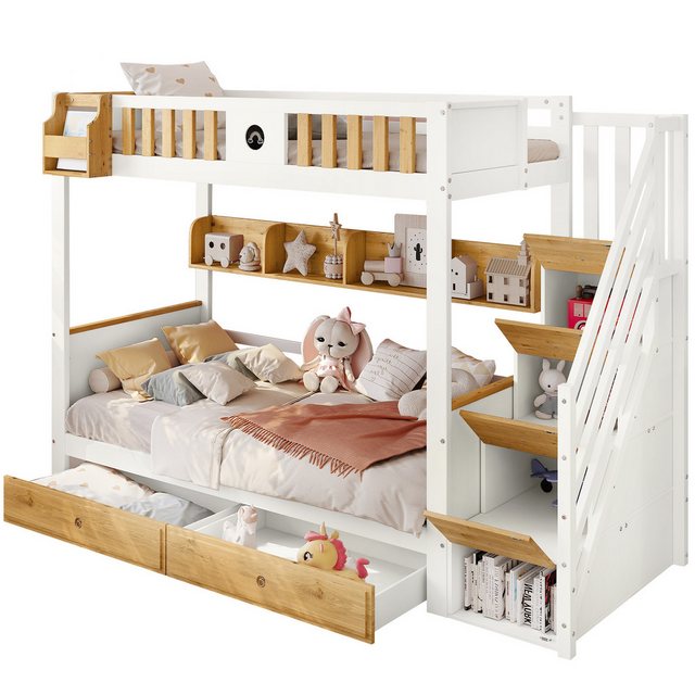 MODFU Etagenbett Kinderbett mit Treppe, Reichlich Stauraum (mit 4 Schließfächer in der Treppe, mit Fallschutzgitter und 2 Schubladen, Offenes Regal, Rahmen aus Kiefernholz und MDF 90x200cm), ohne Matratze