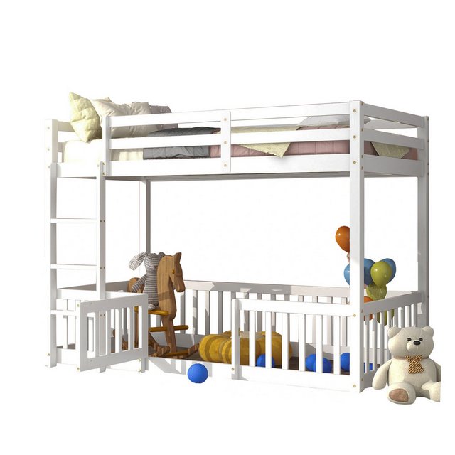 MODFU Etagenbett Kinderbett mit rechtwinkliger Treppe,Einzelbett mit Zäune und Türchen (Weiß (200x90cm), mit Fallschutz und Gitter, Massivholz