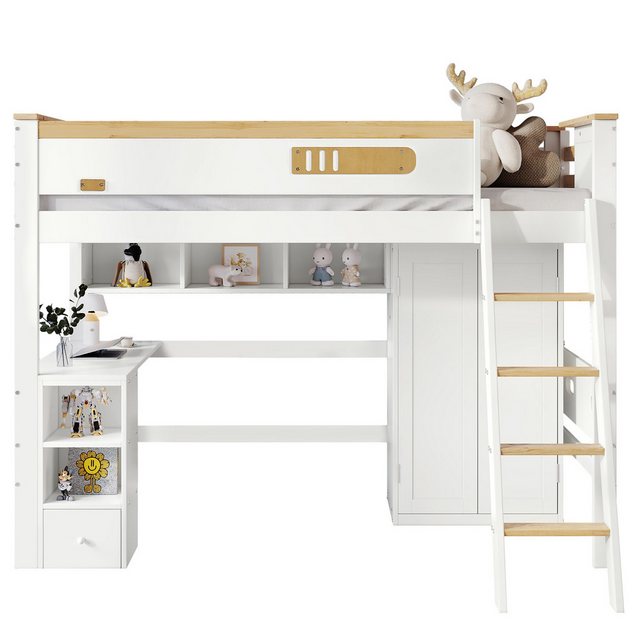 MODFU Etagenbett Kinderbett,Hausbett,mit Tisch und Kleiderschrank (Stauraumbett, mit Offenes Regal für maximalen Stauraum, Kinder Etagenbett,mit Fallschutzgitter und integriertem Tisch), ohne Matratze