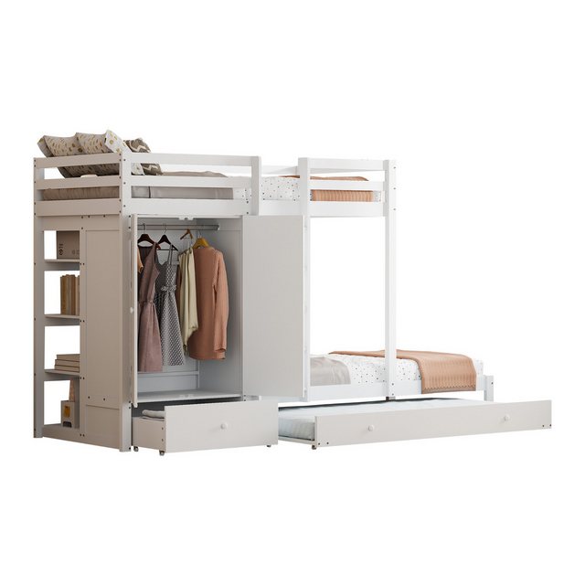 MODFU Etagenbett Stauraumbett Kinderbett aus Massivholz mit Ausziehbett (multifunktionales Kinderbett mit Kleiderschrank, Schubladen und Ablagefach 90 x200 cm), ohne Matratze