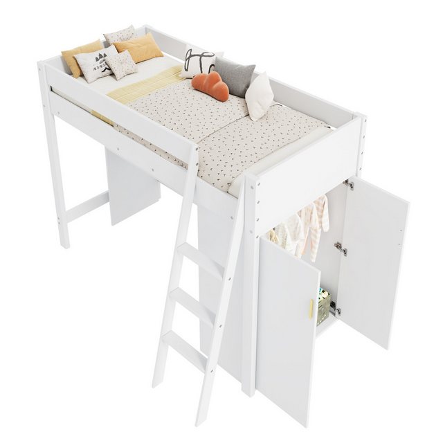 MODFU Hochbett mit Rausfallschutz und Lattenrost (Etagenbett, Bodenbett,Stockbett, 1-St., mit Leiter, Schreibtisch, Kleiderschrank) frei kombinierbar Kinder-Hochbett