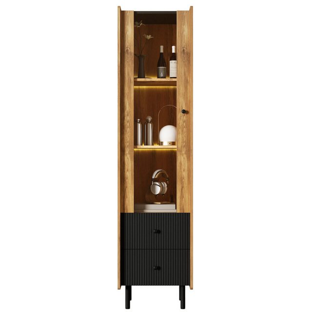 MODFU Hochschrank in schwarzer Holzmaserung (Mehrzweckschrank, Küchenbuffet,Bücherschrank, Vitrine, 1-St., 2 Schubladen, 1 Glastür) mit LED-Beleuchtung