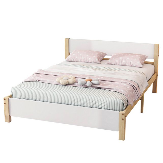 MODFU Holzbett Kinderbett Einzelbett, Kiefernholzrahmen mit Mittelfuß (140x200cm, Kiefernholzrahmen mit Mittelfuß, mit Kopf- und Fußteil aus MDF), ohne Matratze