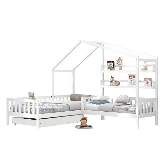 MODFU Kinderbett Einzelbett, Hausbett, L-Struktur, Bett, Daybett (90×200 cm+140x70cm Ohne Matratze, mit Zaun und Lattenrost), Ohne Matratze