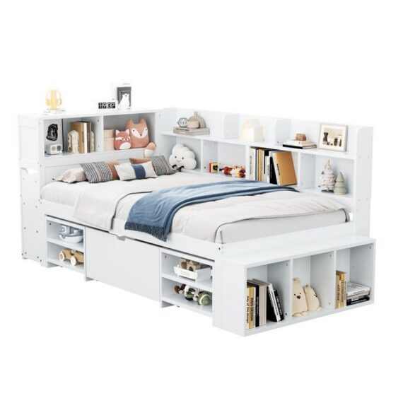 MODFU Kinderbett Einzelbett (Multifunktionales Kinderbett, mit Lattenrost, ohne Matratze, 90*200cm), mit Schubladen, Bücherregal und Stauschrank