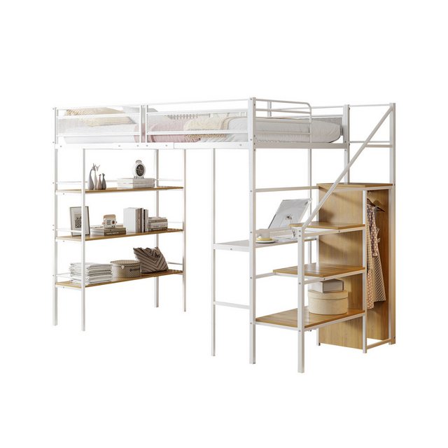 MODFU Kinderbett Eisenbett Einzelbett Hochbett Metallbett Stauraumbett Jugendbett (dreilagiges Ablageregal, Schreibtisch, Kleiderschrank, Sicherheitsstufen mit Ablagefach, hohes Zaundesign, 90×200 cm), ohne Matratze