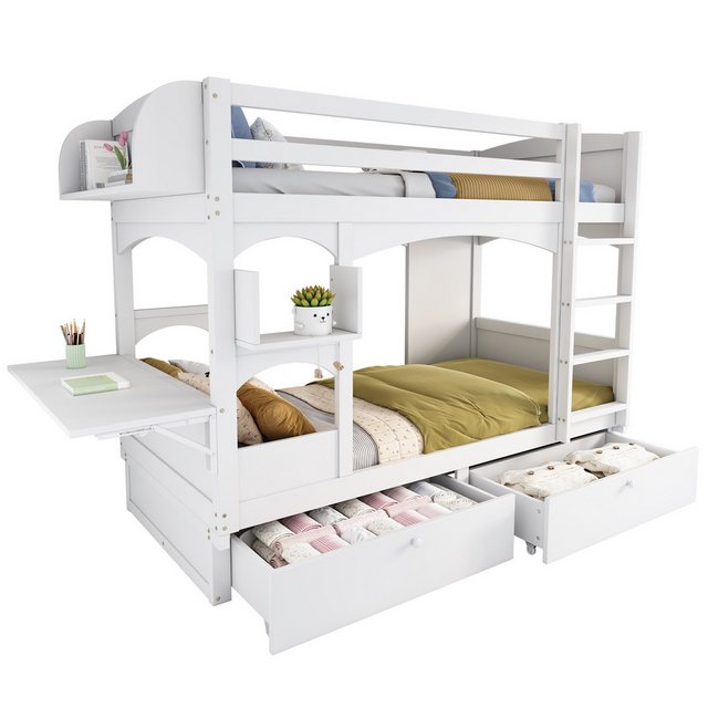 MODFU Kinderbett Etagenbett Hochbett (ohne Matratze, 90*200), mit klappbarem Schreibtisch,Regal,Leiter und 2 Schubladen,Massivholz