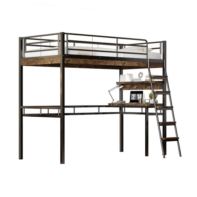 MODFU Kinderbett Funktionsbett Einzelbett Jugendbett Hochbett Eisenbett Metallbett (mit Schreibtisch und Regalen – Sicherheitsgeländer und Leiter, ideal für Kinder und Jugendliche, 90×200 cm), Ohne Matratze