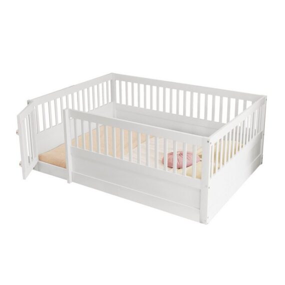 MODFU Kinderbett Funktionsbett,Einzelbett,Hausbett (Holzbett für Kinder,- Sicherer Bettrahmen mit Tür und Gitter, Vielseitig als Schlaf- und Spielplatz, Robustes Design aus Kiefernholz für sicheren Schlafbereich, 140 x 200 cm), ohne Matratze