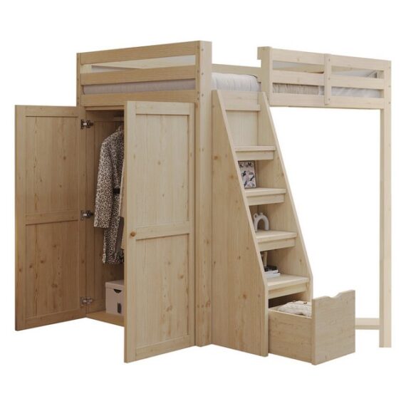 MODFU Kinderbett Hochbett,Einzelbett,Jugendbett (Hochbett,mit Kleiderschrank und Stufen-Schubladen, 90x200 cm), ohne Matratze