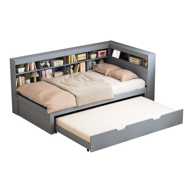 MODFU Kinderbett Holzbett Daybett Tagesbett Schlafsofa (mit Ausziehbarem Bett 90×190 cm, USB-Steckdose, Massivholzrahmen & Staufächern, Ideal für Gästezimmer, Jugendzimmer und kleine Wohnungen, 90×200 cm), ohne Matratze