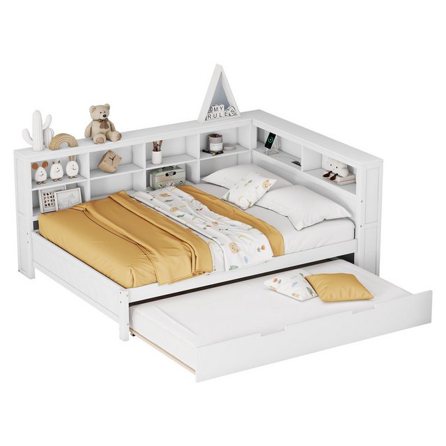 MODFU Kinderbett Holzbett Daybett Tagesbett Schlafsofa (mit Ausziehbarem Bett 90×190 cm, USB-Steckdose, Massivholzrahmen und Stauraum, Holz-Doppelbett für Gästezimmer & kleine Wohnungen, Holz-Doppelbett für Gästezimmer & kleine Wohnungen), ohne Matratze