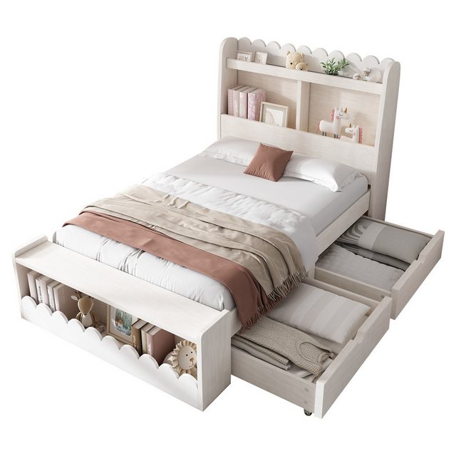 MODFU Kinderbett Holzbett mit Stauraum (Einzelbett, Stauraumbett, 1-tlg., 90×190 cm, Ohne Matratze), mit Schubladen, Regal und Sitzbank