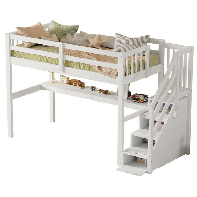 MODFU Kinderbett Kinderbett Holzbett Stauraumbett (Kinderhochbett 90×200 cm, Massivholz Etagenbett mit Stauraum-Schubladen & Unterbettschreibtisch., mit Stauraumschubladen und Unterbettschreibtisch), ohne Matratze