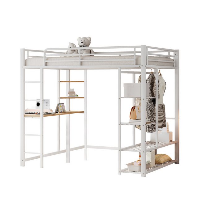 MODFU Kinderbett Metall-Hochbett, Eisenbett Stauraumbett Funktionsbett Jugendbett (mit Leiter, Juniorbett Doppelbett mit Tisch mit einfachen Kleiderbügeln mit Ablagefächern, 140×200 cm), ohne Matratze