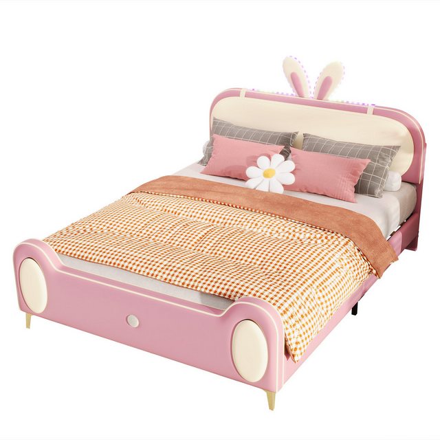 MODFU Kinderbett Polsterbett Doppelbett Funktionsbett Gästebett (Kaninchen Kopfteil, mit Holzlatten, LED-Streifen, Mit Massivholz- und Eisenrohrrahmen, 140×200 cm), ohne Matratze