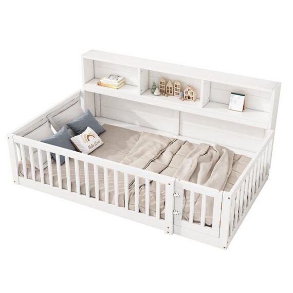 MODFU Kinderbett Stauraumbett Holzbett Doppelbett Einzelbett Gästebett Jugendbett (mit Lattenrost und Staufach - Ideal als Schlafsofa für Kinderzimmer und Wohnzimmer, sicheres Bett mit Geländer 90x200 cm), Ohne Matratze