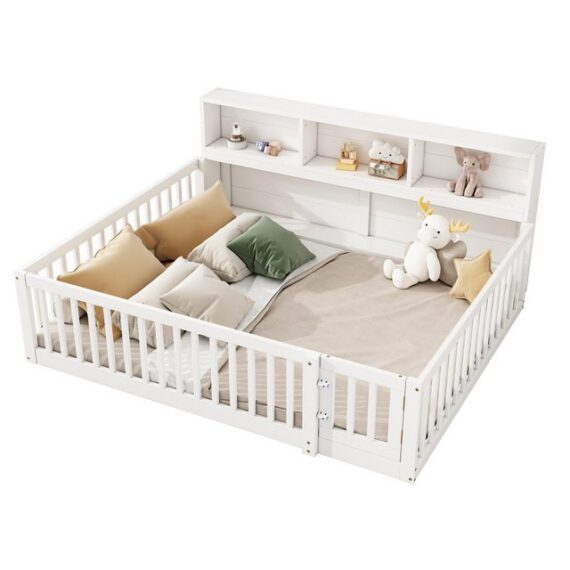 MODFU Kinderbett Stauraumbett Holzbett Doppelbett Einzelbett Gästebett Jugendbett (mit Lattenrost und Staufach - Ideal als Schlafsofa für Kinderzimmer und Wohnzimmer, sicheres Bett mit Geländer 140x200 cm), Ohne Matratze