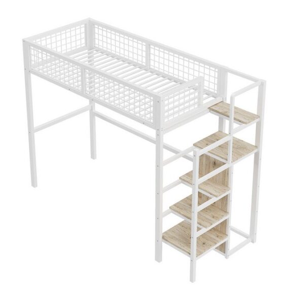 MODFU Metallbett Stauraumbett Einzelbett Hochbett, mit Sicherheitsleiter (Hochbett 90x200 mit Eisenrahmen, Kleiderschrank & Leiter, Kinderbett für kleine Räume, Sicherheitsleiter, Schwarz/Weiß., 90*200 cm mit Leiter), ohne Matratze