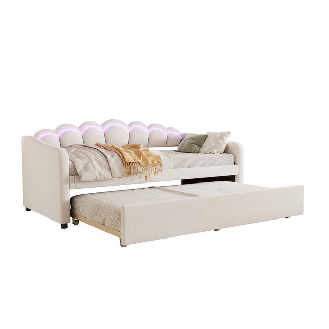 MODFU Polsterbett Daybett Tagesbett mit ausziehbarem Kinderbett,Schlafsofa (Samt, farbwechselndes Umgebungslicht,minimalistisches Styling, Einzelbett 90×200 cm), ohne Matratze