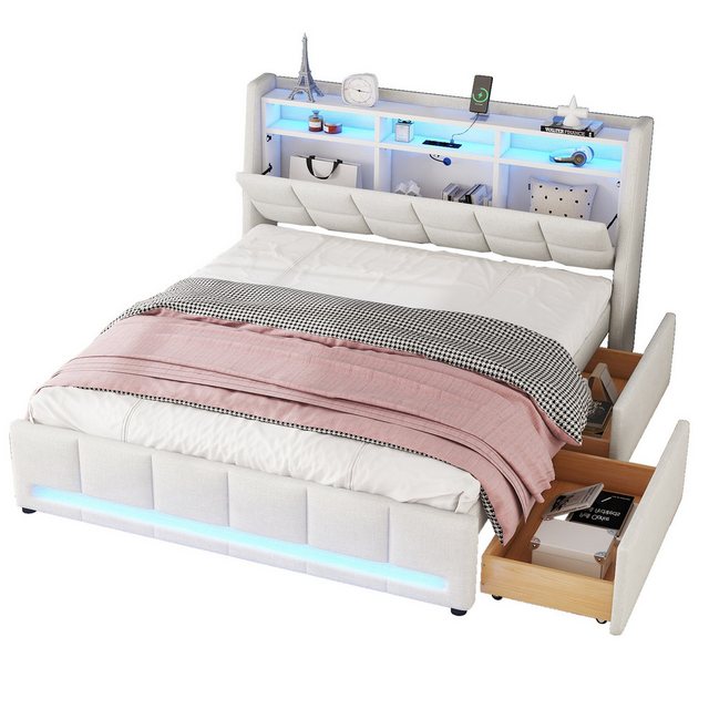 MODFU Polsterbett Doppelbett Gästebett Jugendbett Stauraumbett Kinderbett Funktionsbett (mit LED-Beleuchtung, USB-Stecker & Schubladen, ideal für Schlafzimmer & Jugendzimmer, 140×200 cm), Ohne Matratze