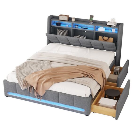 MODFU Polsterbett Doppelbett Gästebett Jugendbett Stauraumbett Kinderbett Funktionsbett (mit LED-Beleuchtung, USB-Stecker & Schubladen, ideal für Schlafzimmer & Jugendzimmer, 160x200 cm), Ohne Matratze