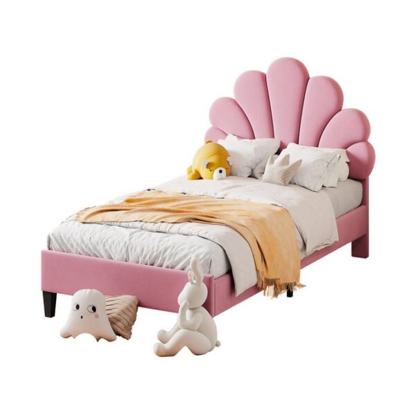 MODFU Polsterbett Funktionsbett Stauraumbett Kinderbett Gästebett (hautfreundlichem Samtstoff, mit Kopfteil in Blumenform und Lattenrost), Ohne Matratze