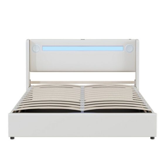 MODFU Polsterbett Kinderbett mit LED-Lichtleiste, Bluetooth-Player und USB-Aufladung, 90 x 200cm Polsterbett aus Kunstleder mit Lattenrost, Weiß